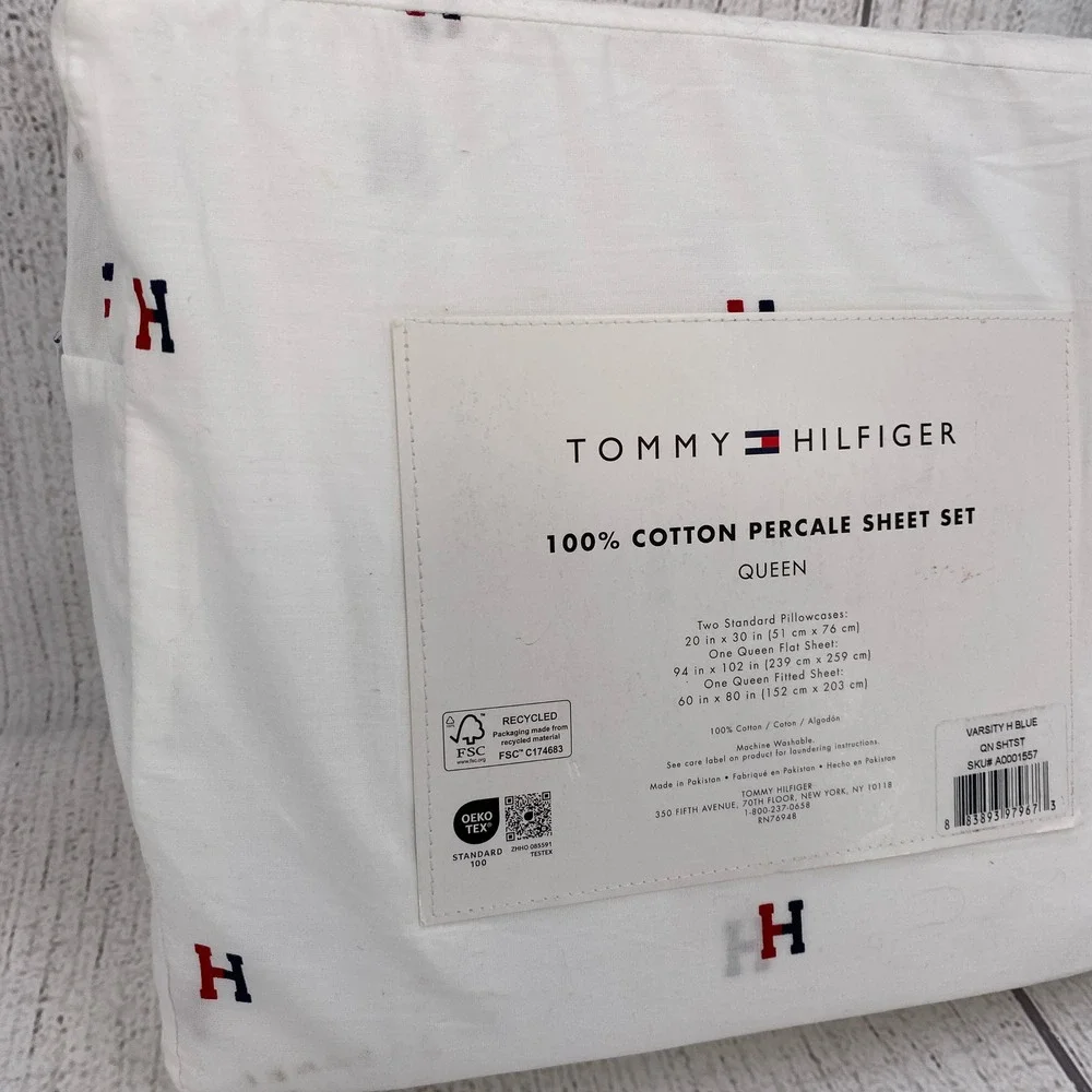 Tommy Hilfiger Sheet Set Queen White Varsity H Logo Percale Cotton Preppy Decor
